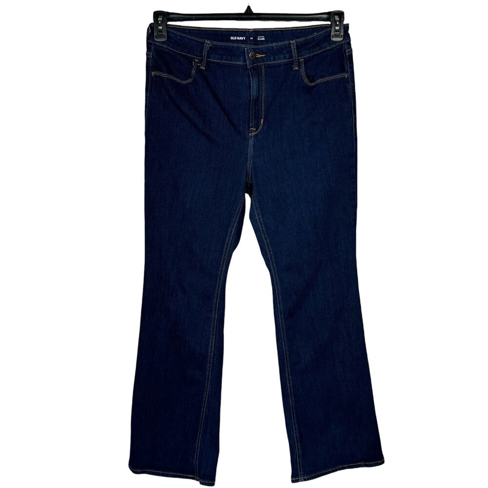 Old Navy SZ 14 High-Rise Flare Jeans Stretch Zip-Fly Pockets Blue Medium Wash